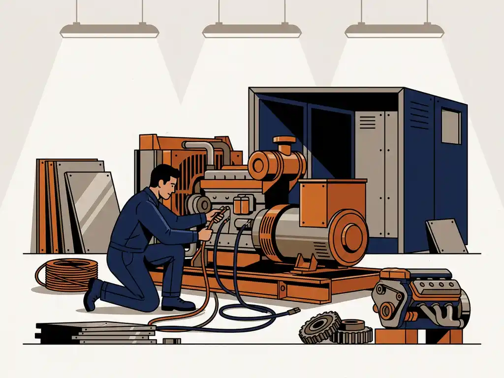 Technicus assembleert een maatwerk generator op een werkplaatsvloer, omgeven door metalen panelen, kabels en mechanische onderdelen.