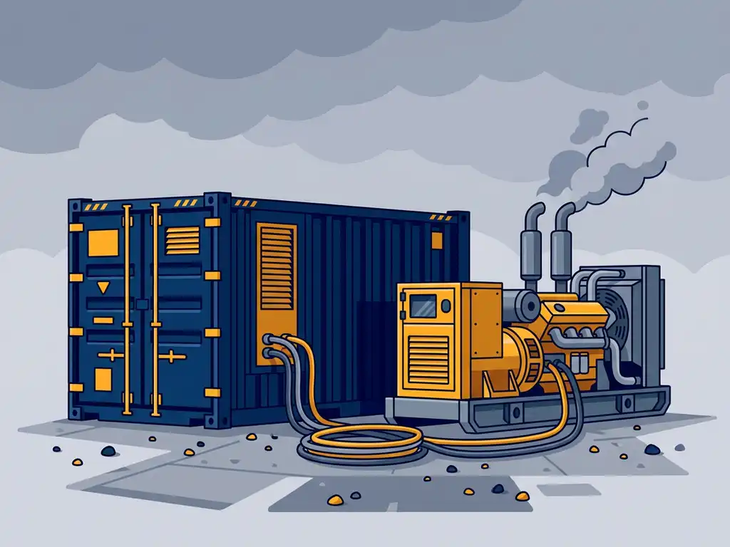 Industriële batterijcontainer naast dieselgenerator op bouwplaats, verbonden met dikke stroomkabels op betonnen ondergrond.