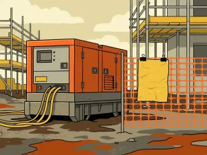 Aggregaat op bouwplaats met vergunningsdocument aan oranje veiligheidshek, steigers en modderige ondergrond op de achtergrond.