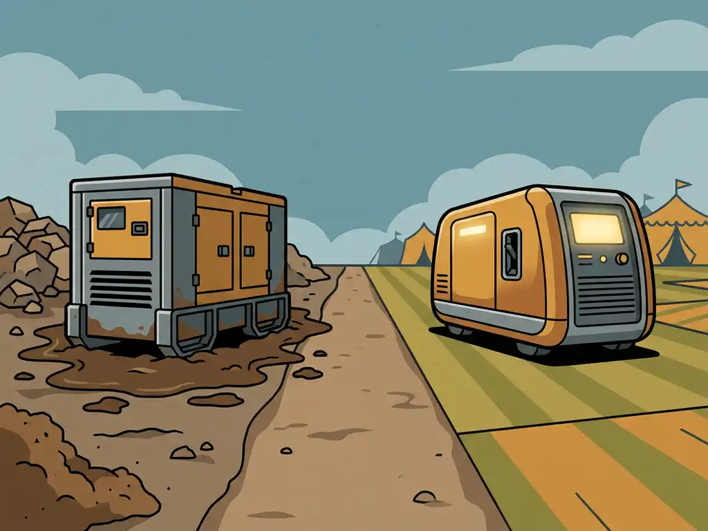 Bouwgenerator op modderige werkplaats naast stille eventgenerator op festivalterrein, gescheiden door een onverharde weg.