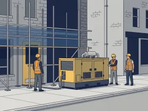 Compacte industriële generator op een stadsstraat naast een actieve bouwplaats met steigers, bakstenen gevels en arbeiders in veiligheidsvesten.