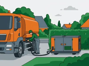 Monteur sluit brandstofslang aan op huurgenerator bij woonhuis, oranje tankwagen op oprit, groene Nederlandse buitenwijk op achtergrond.
