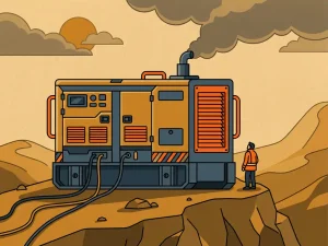 Grote dieselgenerator op afgelegen terrein met golvende velden en bewolkte lucht, vlakke illustratie in amber en leisteenblauw.
