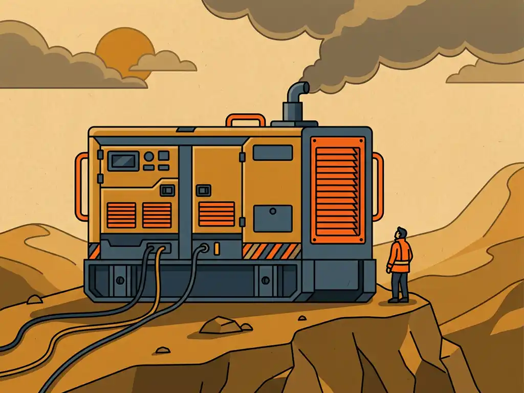 Grote dieselgenerator op afgelegen terrein met golvende velden en bewolkte lucht, vlakke illustratie in amber en leisteenblauw.