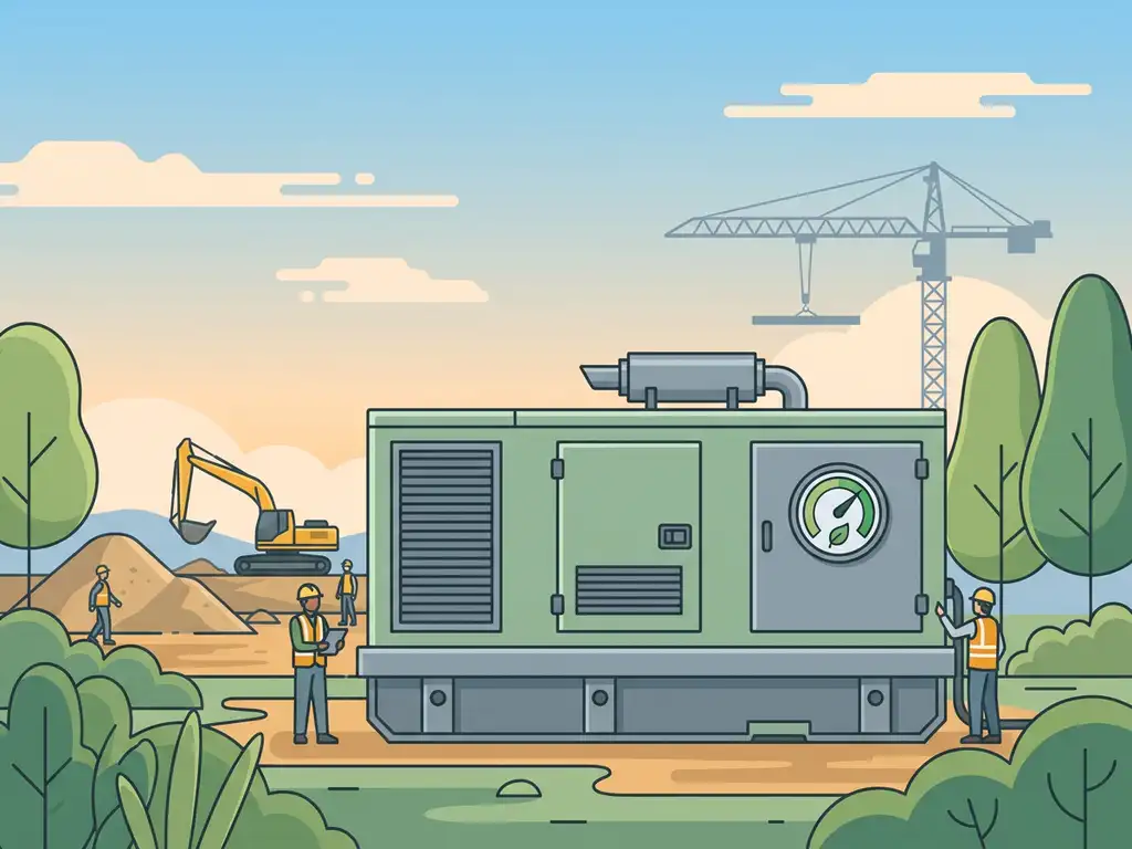 Industriële dieselgenerator op Nederlandse bouwplaats, omgeven door groen gebladerte en open lucht, met emissie-indicator op de behuizing.