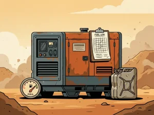 Dieselgenerator op bouwplaats met brandstofmeter, jerrycan en klembord met brandstofgrafiek, vlakke vectorillustratie.