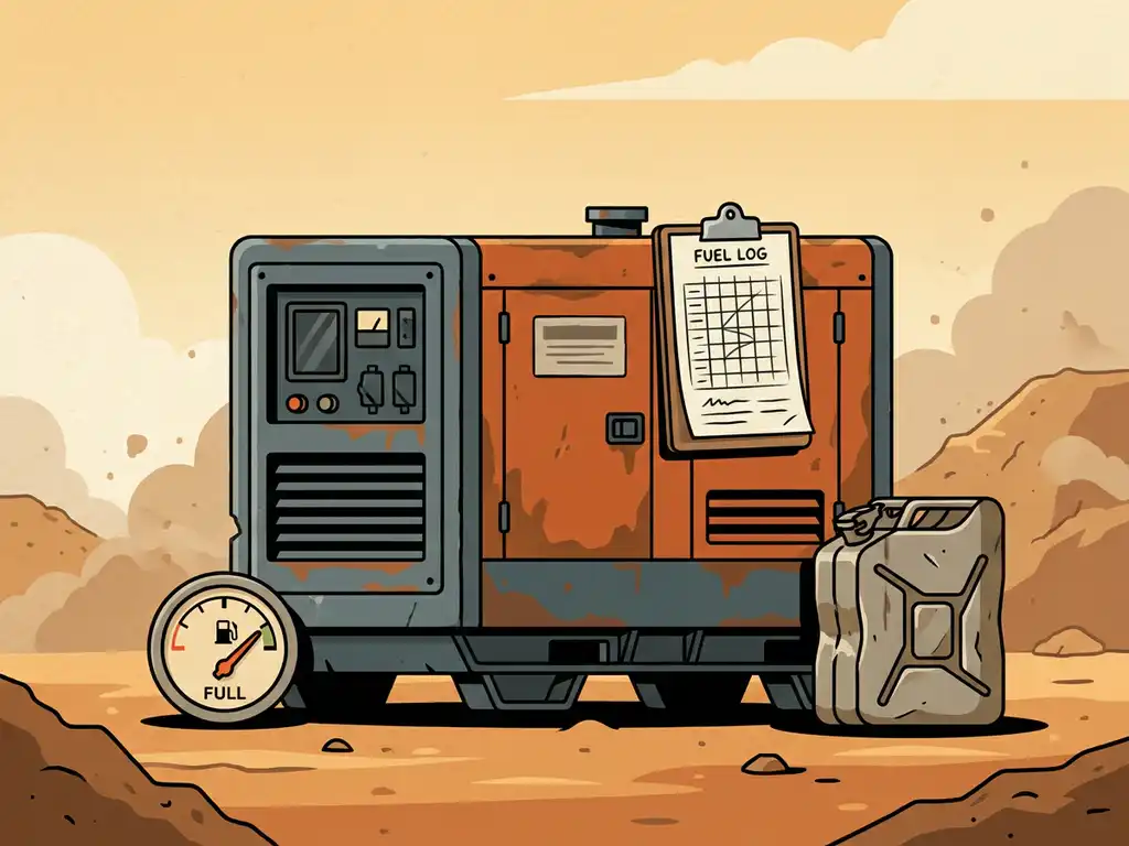 Dieselgenerator op bouwplaats met brandstofmeter, jerrycan en klembord met brandstofgrafiek, vlakke vectorillustratie.
