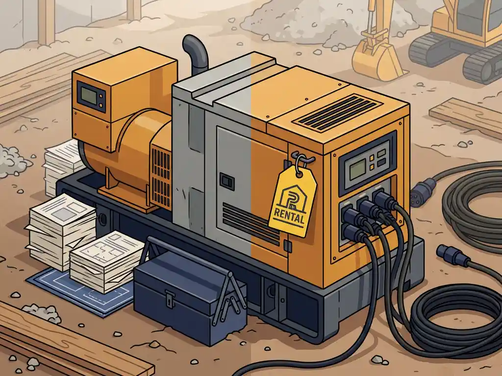 Zware dieselgenerator op bouwplaats met eigendomsdocumenten, gereedschapskist en huurlabel in vlakke vectorillustratie.
