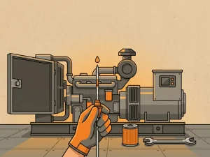 Technicus controleert oliepeil van dieselgenerator met peilstok, nieuw filter en moersleutel op werkplaatsvloer.
