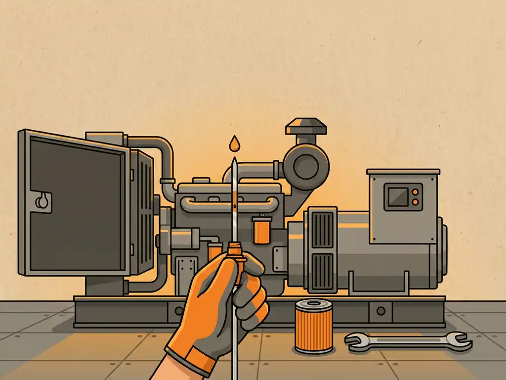 Technicus controleert oliepeil van dieselgenerator met peilstok, nieuw filter en moersleutel op werkplaatsvloer.
