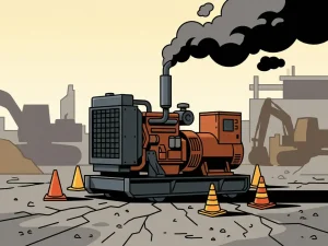 Dieselgenerator op bouwplaats met donkere uitlaatgassen die opstijgen, waarschuwingskegels op gebarsten beton, lage camerahoek.