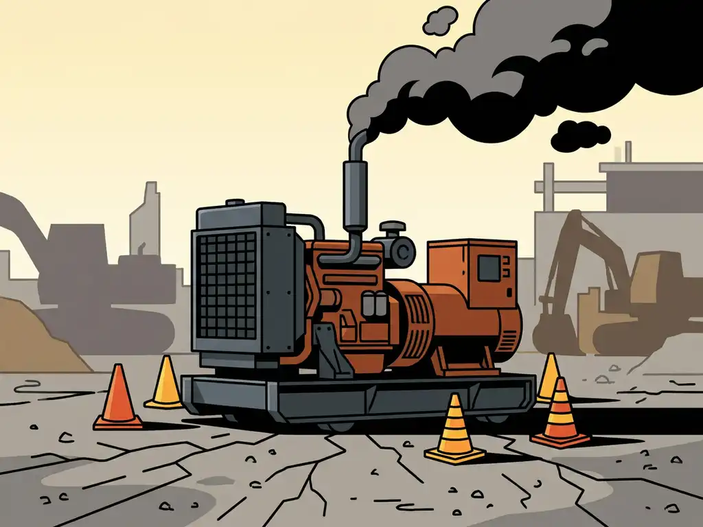Dieselgenerator op bouwplaats met donkere uitlaatgassen die opstijgen, waarschuwingskegels op gebarsten beton, lage camerahoek.