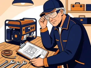 Nederlandse monteur bestudeert technische specificaties op klembord in werkplaats, met compacte generator en gereedschap op de achtergrond.