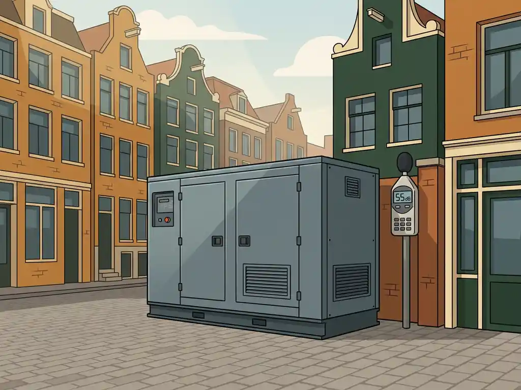 Geluidsgedempte generatorkast op een Amsterdams keistraatje, omringd door grachtenpanden en een decibelmeter, vectorillustratie.