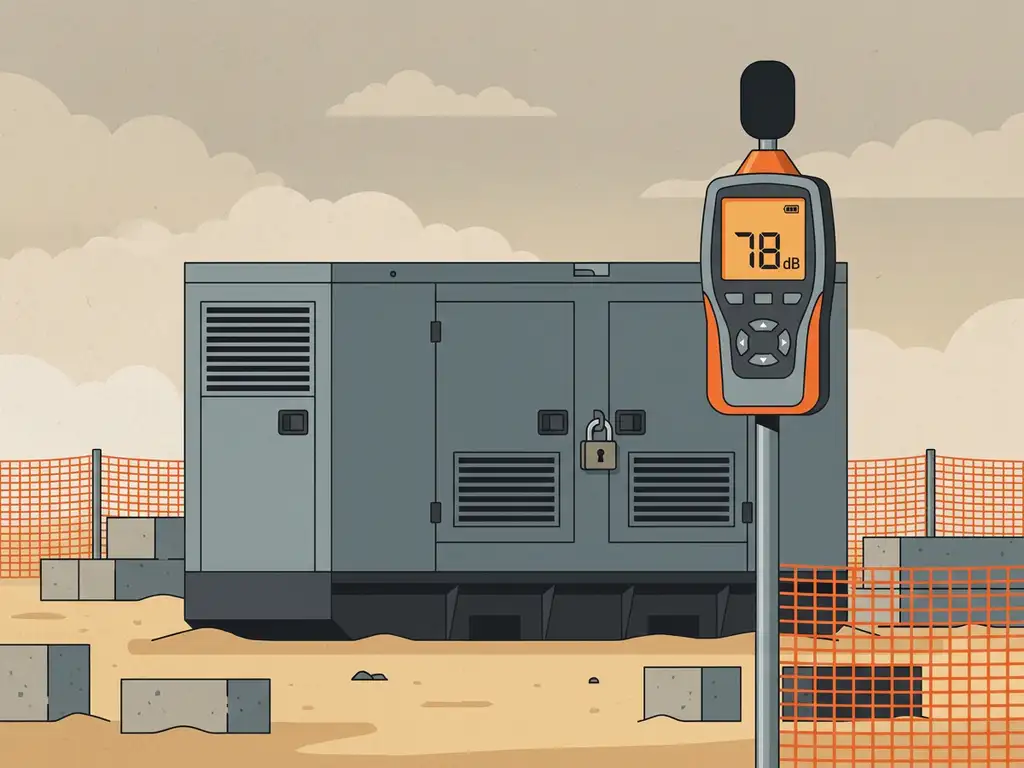 Geluidsdempende generatorbehuizing op Nederlandse bouwplaats, omgeven door veiligheidshekken en een decibelmeter.