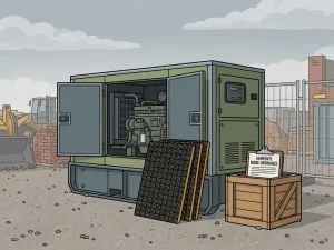 Geluidsgedempte generator met akoestische schuimplaten op een Nederlandse bouwplaats, clipboard met geluidsvoorschriften op een krat.