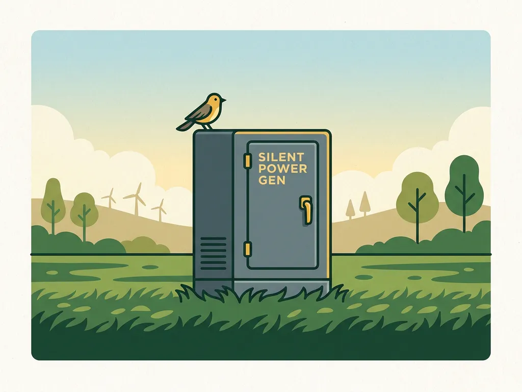 Geluidsdempende generatorkast in een groene weide met een vogel op de hoek, Nederlandse heuvelachtige achtergrond.