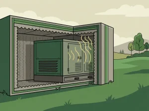 Geluidsgeïsoleerde generator omgeven door akoestische schuimpanelen in een groene Nederlandse weide, vlakke vectorillustratie.