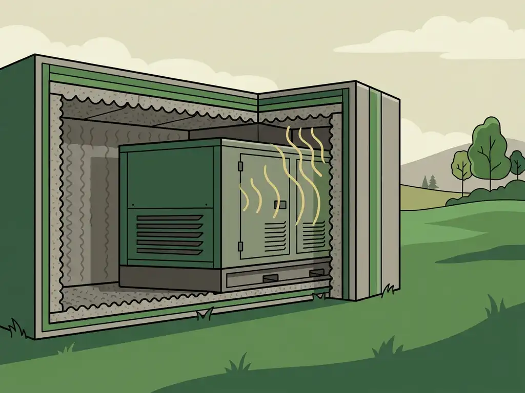 Geluidsgeïsoleerde generator omgeven door akoestische schuimpanelen in een groene Nederlandse weide, vlakke vectorillustratie.