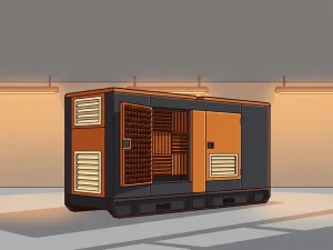 Geluidsgedempte generatorbehuizing met akoestisch schuim op industriële vloer, warm amberkleurig licht op staalgrijs en oranje behuizing.