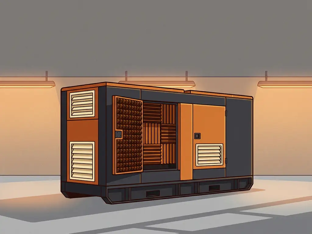 Geluidsgedempte generatorbehuizing met akoestisch schuim op industriële vloer, warm amberkleurig licht op staalgrijs en oranje behuizing.