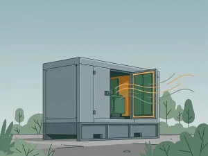 Geluidsgedempte generatorbehuizing met zichtbare akoestische panelen in een rustige industriële buitenruimte, omgeven door groen.