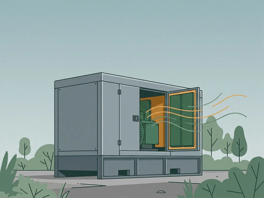 Geluidsgedempte generatorbehuizing met zichtbare akoestische panelen in een rustige industriële buitenruimte, omgeven door groen.