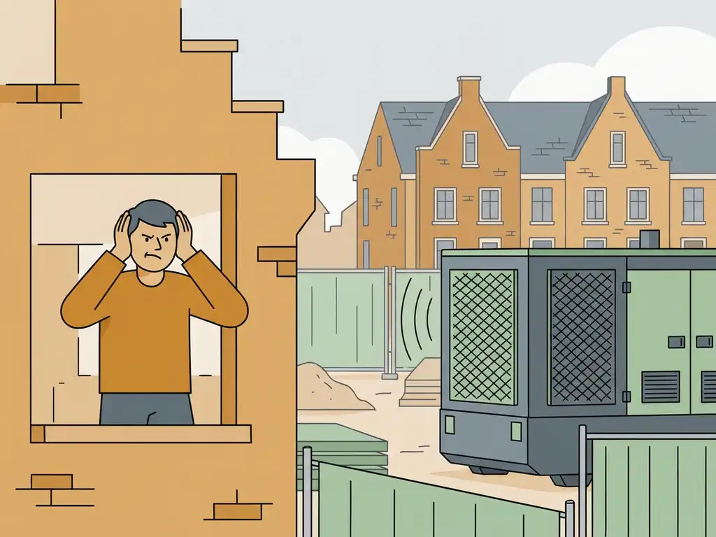 Gefrustreerde buurman drukt handen tegen oren bij raam, industriële generator met geluidsdempende panelen op bouwplaats ernaast.