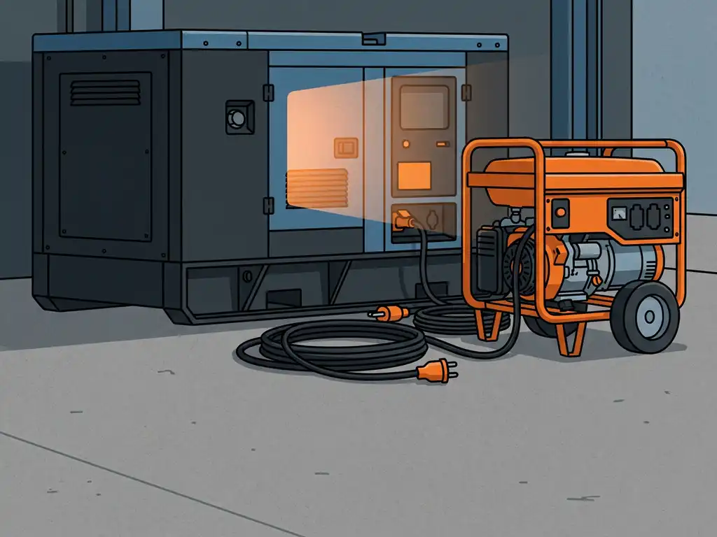 Industriële generator en draagbare aggregaat naast elkaar op betonvloer, verbonden met stroomkabels, verlicht door warm motorpaneel.