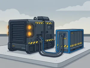 Industriële generatorset verbonden via dikke stroomkabels met een batterijcontainer op betonnen ondergrond, amberkleurige waarschuwingslichten.