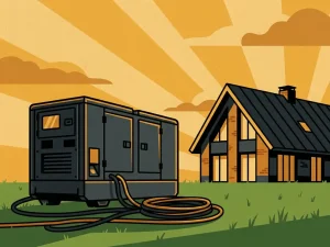 Zware generator op grasveld naast moderne Nederlandse boerderij, met netjes opgerolde stroomkabels en een warme gouden lucht.