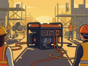 Industriële generator op bouwplaats omringd door stroomkabels, steigers en betonmixer in warm tegenlicht.