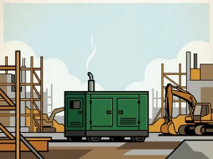 Zware generator op actieve bouwplaats met minimale uitlaatdamp, omringd door steigers en grondverzetmachines.