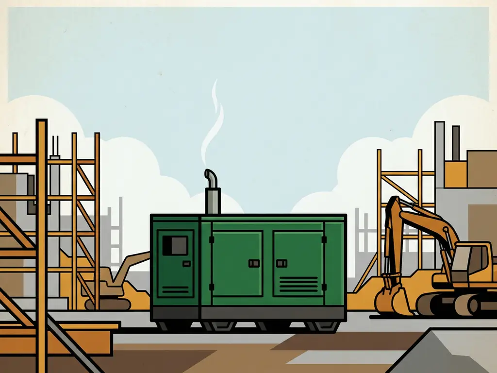Zware generator op actieve bouwplaats met minimale uitlaatdamp, omringd door steigers en grondverzetmachines.