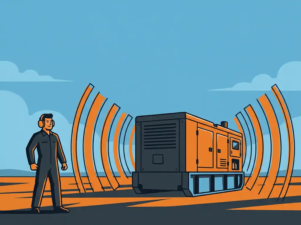 Industriële generator in een open veld met oranje geluidsgolven, arbeider met gehoorbescherming ernaast, vlakke vectorillustratie.