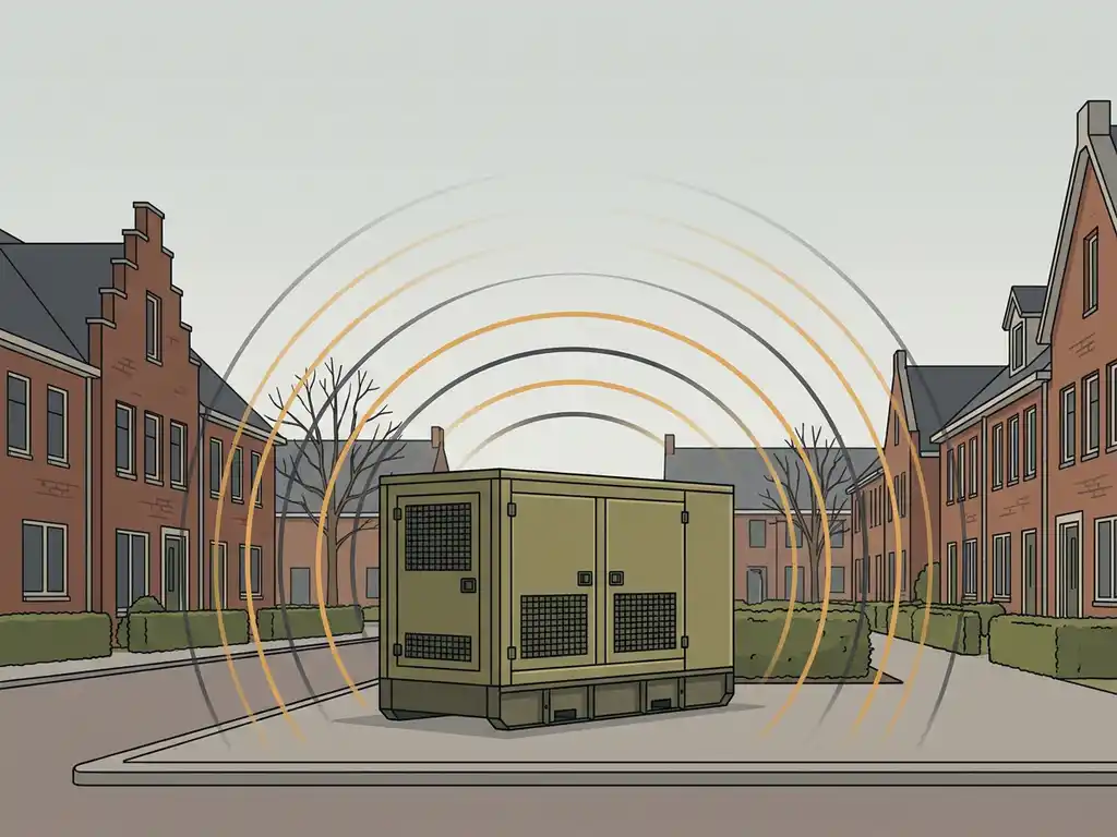 Geluidsarme generatorbehuizing in Nederlandse woonwijk, omgeven door bakstenen huizen en groene hagen, met gestileerde geluidsgolven in vectorillustratiestijl.