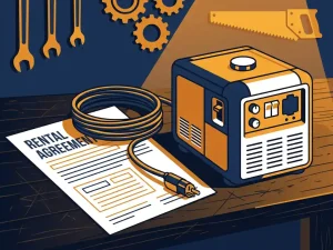 Compacte off-grid generator naast een huurcontract op een verweerde houten werkbank, verbonden door een opgerolde stroomkabel.