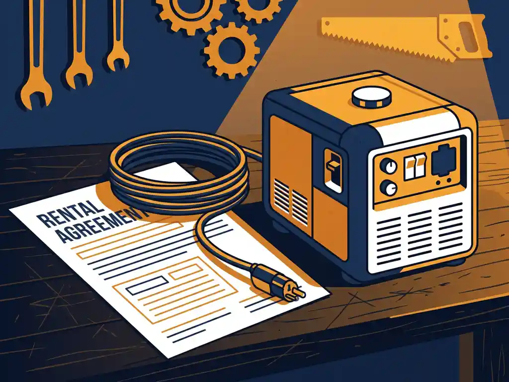 Compacte off-grid generator naast een huurcontract op een verweerde houten werkbank, verbonden door een opgerolde stroomkabel.