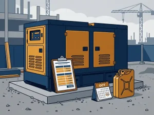 Industriële generator op een bouwplaats met klembord voor kostenberekening, brandstofkan en kalender ernaast.