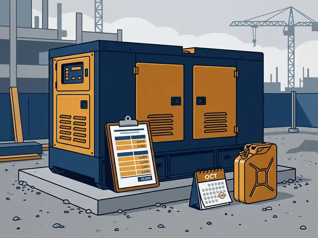 Industriële generator op een bouwplaats met klembord voor kostenberekening, brandstofkan en kalender ernaast.
