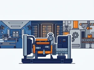 Industriële noodgenerator op de voorgrond met ziekenhuisgang, serverracks en fabrieksapparatuur op de achtergrond.