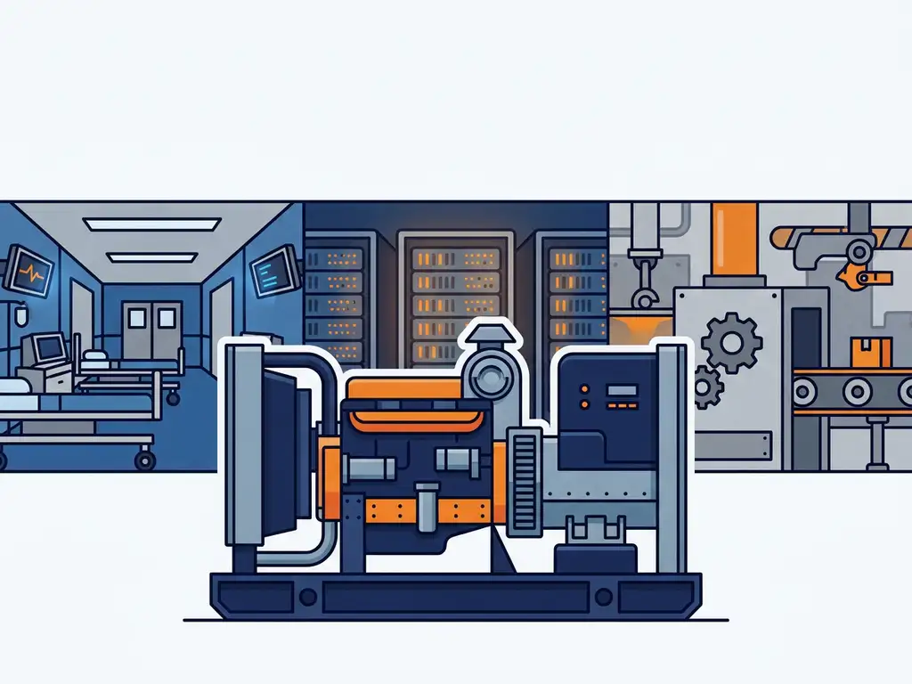 Industriële noodgenerator op de voorgrond met ziekenhuisgang, serverracks en fabrieksapparatuur op de achtergrond.