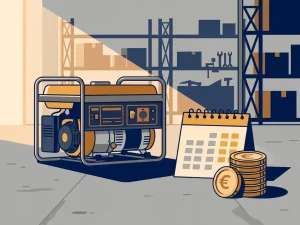 Industriële generator op betonvloer naast een kalender en gestapelde euromunten in een magazijn.