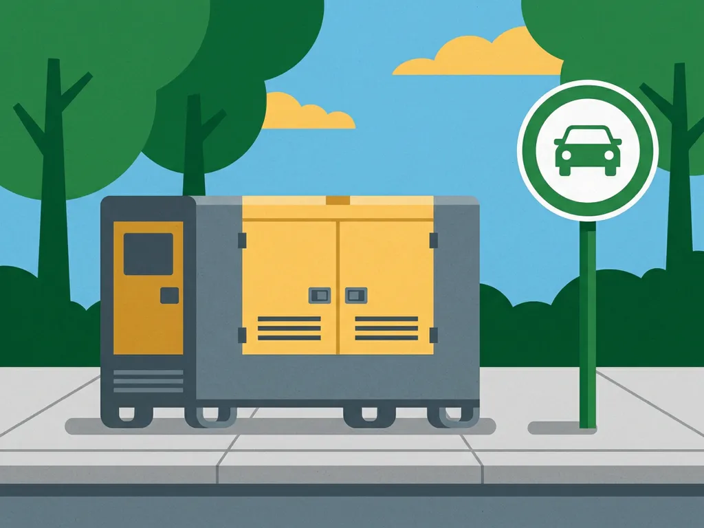 Compacte aggregaat geparkeerd aan stadsstraat naast groen milieuzonebordje onder heldere lucht, vectorillustratie.