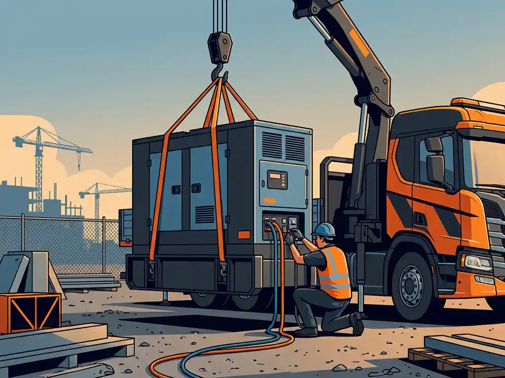 Industriële generator die van een dieplader wordt gelost op een bouwplaats, technicus sluit stroomkabels aan.