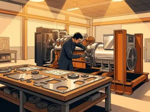 Technicus assembleert zware generator in industriële werkplaats met stalen componenten op werkbank onder warm amberkleurig licht.