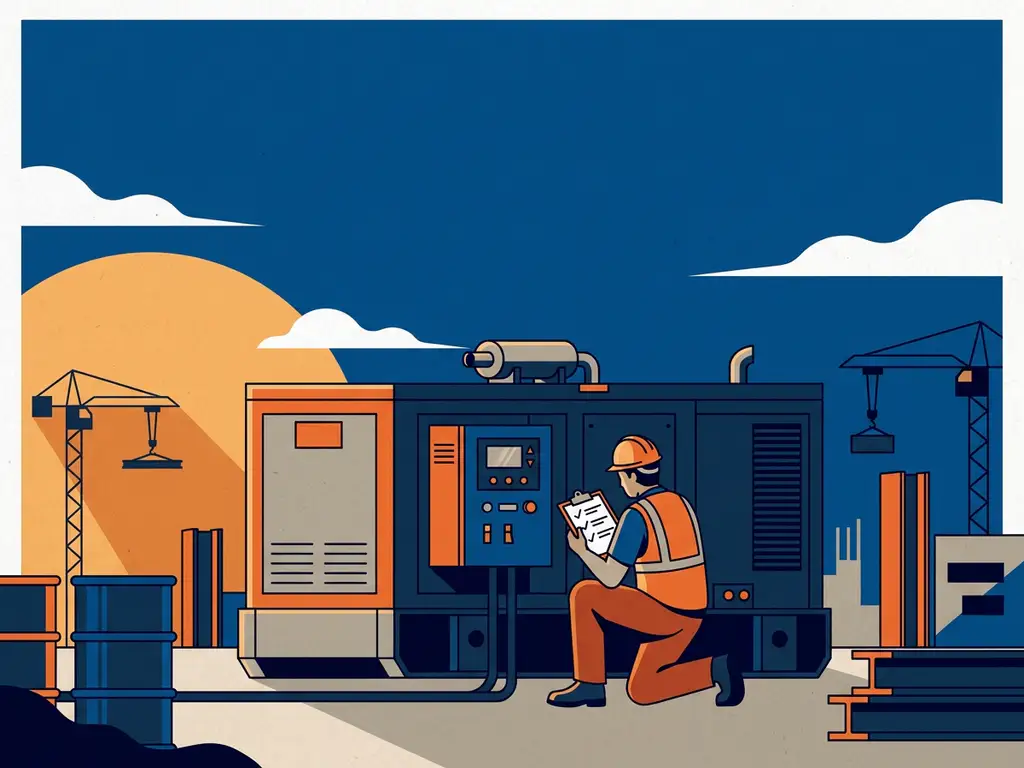Technicus inspecteert paneel van industriële generator op bouwplaats met klembord in hand.