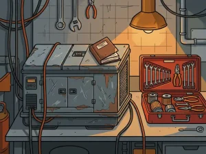 Verweerde generator in industriële werkplaats met open gereedschapskoffer, moersleutels, oliefilters en onderhoudslogboek.