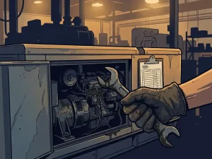 Technicus met werkhandschoen draait moersleutel aan open generatorpaneel in industriële werkplaats, checklist op metalen behuizing.