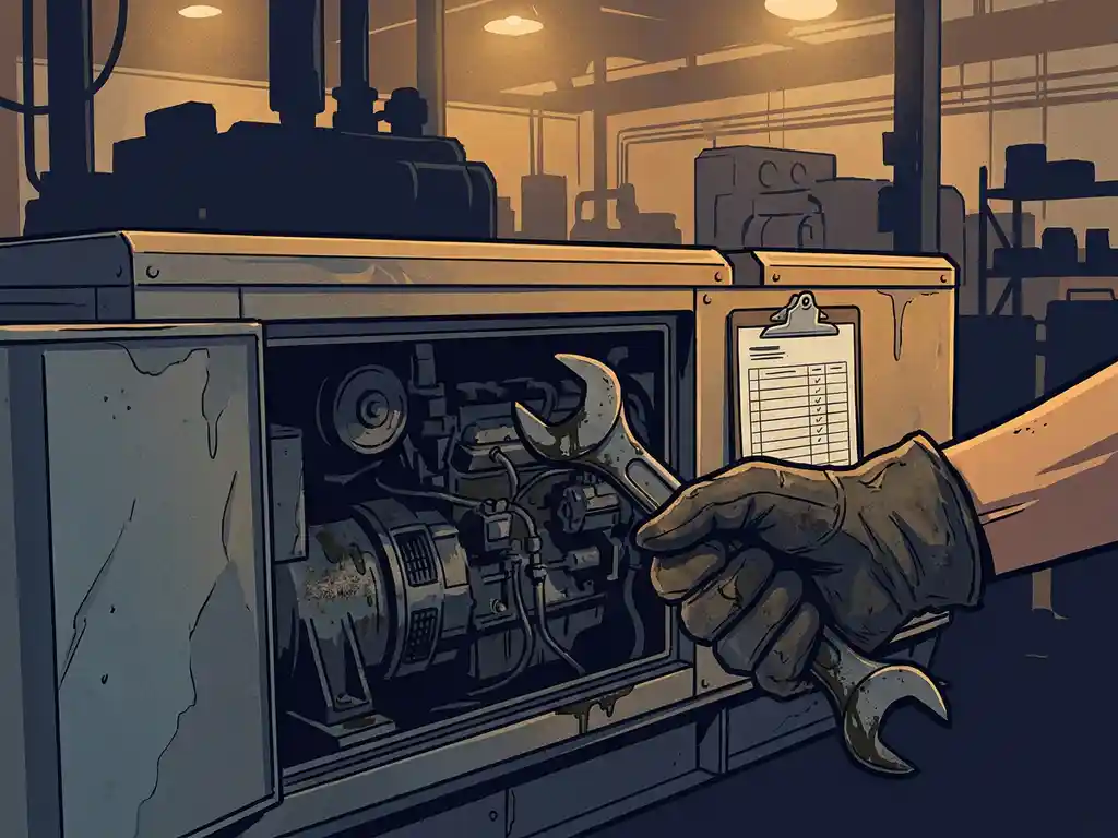 Technicus met werkhandschoen draait moersleutel aan open generatorpaneel in industriële werkplaats, checklist op metalen behuizing.
